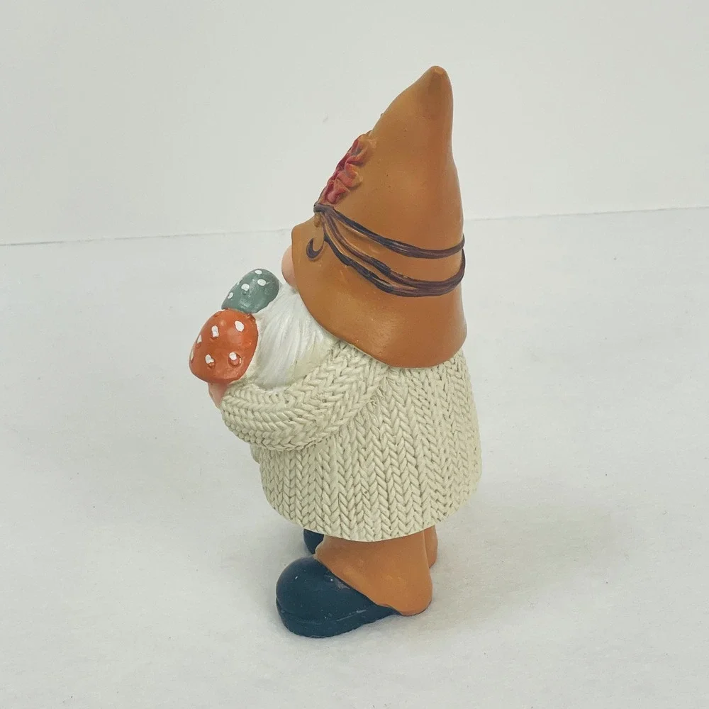 Fall Gnome Figurine Autumn Decor Cable Knit Sweater Mushrooms Brown Hat 6.5 Inch